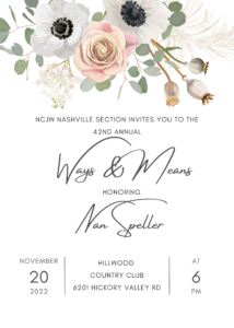 NCJW, Nashville Section invites you to the 42nd annual Ways & Means fundraiser honoring Nan Speller with the Hannah G. Solomon award
